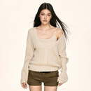 AAISUP美式V领钩花镂空针织衫女秋冬2026新款纯色内搭罩衫吊带两件套潮 燕麦色 均码 (80-125);15天内发货