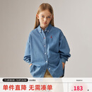 ELLE KIDS女童衬衣秋外穿宽松水洗牛仔刺绣休闲百搭翻领长袖衬衫上衣