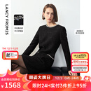 朗姿冬季新款法式复古小香风裙子羊毛气质显瘦正肩长袖连衣裙 黑色 L