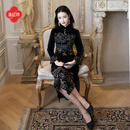 逸紅顔（E.Beauty）逸红颜鎏鑫2025冬新品东方黛西中古重工珠绣丝绒微弹新中式旗袍女 水墨黑 M