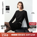 朗姿冬季新款法式复古小香风裙子羊毛气质显瘦正肩长袖连衣裙 黑色 L