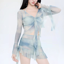 栢启歆泳衣泡温泉女纯欲比基尼冬季新款显瘦保守遮肚性感分体度假高级感 雾屿云纱比基尼四件套【蓝色】 均 码 【80-120斤】