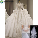 OEMG【轻奢高端】法式婚纱2025新款高端宫廷风新娘结婚主纱重工奢华拖 齐地款3件套 L