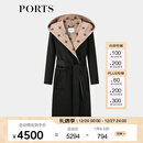PORTS宝姿女装2024秋季新款LOGO提花连帽羊毛大衣ALT9C009UZW022 黑色印花 M （6）