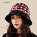 CACUSS渔夫帽女秋冬毛线帽费尔岛风显脸小针织保暖盆帽提花帽子女 黑色