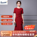 Burwilde国际品牌婚礼气质婚宴装裙子结婚妈妈礼服高贵夏季年轻洋气 酒红色短袖（礼盒装） M 建议105斤以下