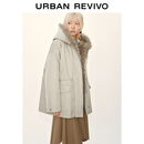 UR2025冬季新款女休闲工装毛绒连帽抽绳超宽松棉服UYL150112 浅卡其 S