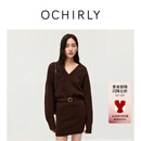 欧时力OCHIRLY 露肩领V领毛织连衣裙女装连衣裙冬季显瘦气质2025新品 乌木棕 M