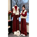 纳琳雅Nalinya冬季穿搭套装女红色氛围感宽松针织毛衣马甲阔腿裤三件套 白色马甲＋红色毛衣+红色裤子【三件套】赠腰带 L