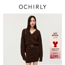 欧时力OCHIRLY 露肩领V领毛织连衣裙女装连衣裙冬季显瘦气质2025新品 乌木棕 M
