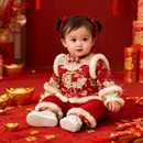 女宝宝抓周礼服冬装新中式婴儿周岁生日宴衣服红色喜庆唐装拜年服 夹棉上衣+加绒裤子 90