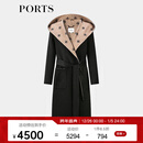 PORTS宝姿女装2024秋季新款LOGO提花连帽羊毛大衣ALT9C009UZW022 黑色印花 M （6）