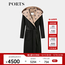 PORTS宝姿女装2024秋季新款LOGO提花连帽羊毛大衣ALT9C009UZW022 黑色印花 M （6）