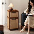 朴美实木沙发边柜中古风客厅收纳柜电视柜可移动边几大容量多层置物架 藤编移动边柜-两层【全实木】