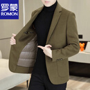 罗蒙（ROMON）羊毛西装大衣男秋冬季短款中年爸爸装羽绒内胆双面呢外套 棕咖色可脱卸羽绒内胆 M