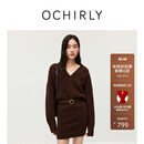 欧时力OCHIRLY 露肩领V领毛织连衣裙女装连衣裙冬季显瘦气质2025新品 乌木棕 M