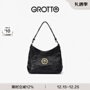GROTTO个乐经典黑石hobo包大小号植鞣绵羊皮腋下单肩斜挎软包通勤礼物 经典黑 金标S