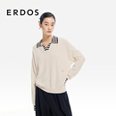 ERDOS 26早春小翻领刺绣学院风条纹撞色上衣简约女套衫羊绒衫 白 M 165/84A