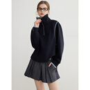 ELLE藏青色拼接大翻领卫衣女2026春季新款高级感小众通勤休闲上衣 藏青 M