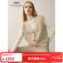 珍贝V领纯羊绒开衫背心女秋冬新款简约纯色针织保暖马甲D21140 驼夹白 M （100码）