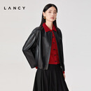 朗姿/LANCY2026春季新款气质简约羊皮革圆领抽褶皮衣夹克短外套女 夜幕黑色 2XL
