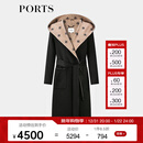 PORTS宝姿女装2024秋季新款LOGO提花连帽羊毛大衣ALT9C009UZW022 黑色印花 M （6）