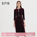 爱特爱复古高级感优雅钉珠V领收腰丝绒礼服连衣裙秋季新款7177815 酒庄红60 L 165