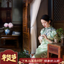 一城风絮西园游梦丨春夏新款仿晚清古董衣如意云头手绣提花重缎短袖旗袍裙 绿色 S