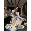 三吉黑花【浮花月】新中式烂花丝绒连衣裙子秋冬装长裙新年战袍潮 瓷白 M