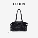 GROTTO个乐26年新款黑石托特包羊皮大容量短途差旅时尚行李收纳袋 经典黑L