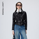 朗姿羊皮革翻领收腰短款皮衣干练率性高级感短外套2026年春季新款 黑色 S