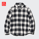 优衣库童装男童女童法兰绒格子衬衫长袖衬衣薄外套上衣新款478132 09 黑色 160
