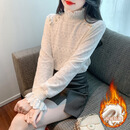 植绒加绒加厚法式显瘦蕾丝衫女新款秋冬半高领上衣磨毛内搭打底衫 杏色-加绒款 L (建议110-119斤)
