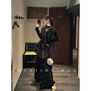 三吉黑花【琳琅】新中式钉珠绣花丝绒秋冬季连衣裙新年战袍长裙子 黑金 L