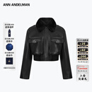 ANN ANDELMAN官方直营黑色毛领短款皮外套女秋冬新款保暖夹克上衣 黑色 M