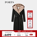 PORTS宝姿女装2024秋季新款LOGO提花连帽羊毛大衣ALT9C009UZW022 黑色印花 M （6）