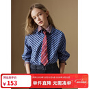 ELLE KIDS休闲风女童春秋款经典百搭miu系学院风格纹长袖刺绣格纹衬衫