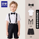 罗蒙男童礼服夏季儿童毕业演出服幼儿园背带裤花童 黑色套装 130