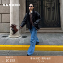 SANDRO季末7折SANDRO2025秋季新款女装黑色羊皮革落肩拼接毛领皮外套 黑色 S (36)