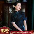 一城风絮静待花林丨原创设计丨夏季绞罗红云纱中式短袖复古印花盘扣长旗袍 黑底蓝花绞罗红云纱旗袍 L