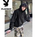 花花公子（PLAYBOY）半高领排扣卫衣男款秋冬季痞帅美式高街潮牌设计感宽松连帽上衣春 黑色 M 95至115斤可穿