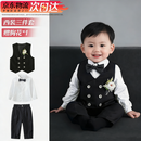 心楠男宝宝西装套装春秋季男童衣服拜年周岁礼服婴幼儿结婚生日三件套 黑色儿童西装三件套【赠领带＋胸花】 90 cm