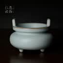 青澹汝窑茶宠摆件景德镇可瓷器全手工乾坤三足方耳香炉 乾坤三足方耳香炉