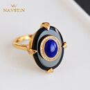 奈维斯汀天然黑玛瑙戒指青金戒s925纯银镀金可调节高级感黑色复古食指戒 青金石黑玛瑙戒指