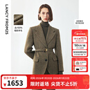 朗姿冬季新款纯羊毛复古人字纹高智西装外套优雅气质收腰西服 卡其绿色2 M