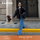SANDRO季末7折SANDRO2025秋季新款女装黑色羊皮革落肩拼接毛领皮外套 黑色 S (36)