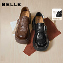 百丽（Belle）复古皮带扣牛皮乐福鞋女2026春新商场同款厚底乐福鞋F2M1DAM6 黑色 37