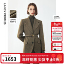 朗姿冬季新款纯羊毛复古人字纹高智西装外套优雅气质收腰西服 卡其绿色2 M