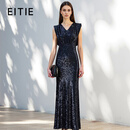 爱特爱（EITIE）优雅端庄V领无袖高腰鱼尾长裙春季新款亮片包臀礼服8177810 深海蓝31 S (155)