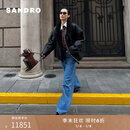 SANDRO季末7折SANDRO2025秋季新款女装黑色羊皮革落肩拼接毛领皮外套 黑色 S (36)
